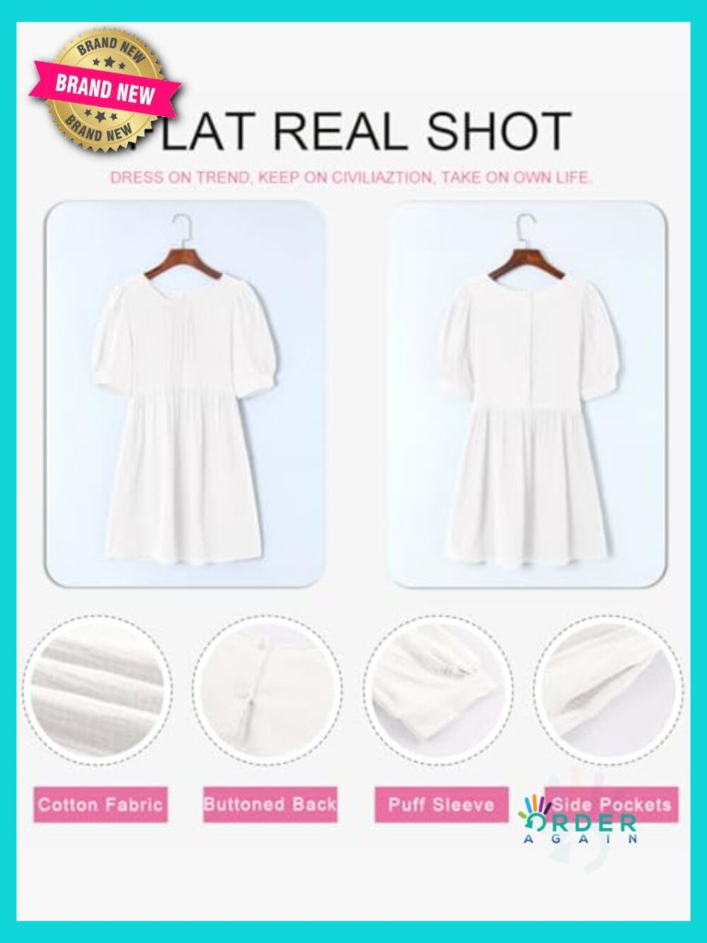Puff Sleeve Empire Waist Mini Swing Dress with Pockets Elegant Casual - Picture 5 of 7
